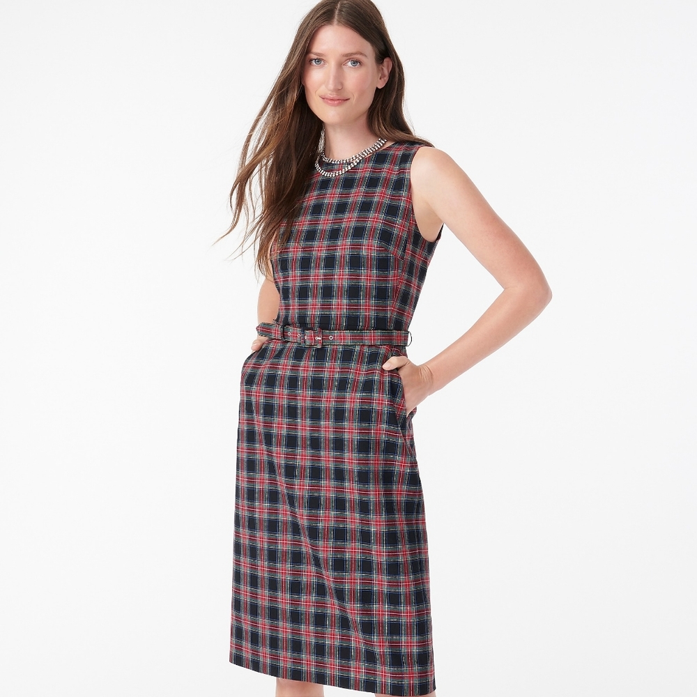 New! J Crew sz 6 Belted Sheath Dress Black Stewart Tartan Plaid